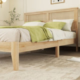Queen Size Rubber Wooden, Solid Wooden Bed with Rattan Headboard, Enhanced by Support Feet,Oak White W504P184305