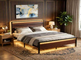 Queen Size Metal Wood Platform Bed Frame, 3-Panel Reddish Brown Wood Grain Headboard with LED Light 45520408
