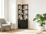 Freestanding Corner Display Shelf, Black Engineered Wood & Metal Bookcase with Concealed Cabinet, 99237726