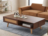 41.3 Inch Rattan Coffee Table Sliding Storage Door, Rectangle Wooden Accent Center Sofa Table 42218125