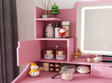 3-Color LED Vanity Mirror with Stool, Pink Dressing Table for Bedroom, 2 Drawers & 5 Storage W2700P457871