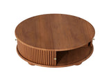 Round Fluted Coffee Table with Storage, Pine Solid Wood, Sliding Door, Walnut, 31.8" 90275322