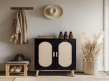 2-door vertical shoe cabinet particle board plastic rattan black frame original wood rattan 51206975