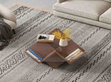 The Round Coffee Table with Glass Top and Geometric Abstract Art Deco Base Storage Shelves, Walnut, N735P350383D