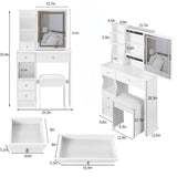 29.2" Small Size Left Drawer Desktop Vanity Table Cushioned Stool, Large Sliding, Touch Control, W3258P291629