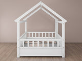 Twin Size Floor Wooden Bed with House Roof Frame, Fence Guardrails,White W1858123984