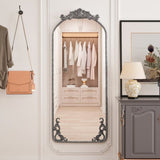 58"x24" Arched Full Body Mirror with Vintage Ornate Carved Applique on Top and Bottom, Hanging Wall W757P286274