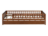 Twin Size Wood Daybed with Trundle and Fence Guardrails, Walnut WF301862AAL