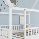 Full Size Floor Wooden Bed with House Roof Frame, Fence Guardrails,White W1858123986