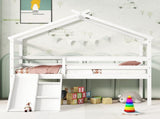 Twin Low Loft House Bed with Slide, Ladder, Safety Guardrails, House Roof Frame,White W504P145316