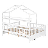 Wooden Full Size House Bed with Twin Size Trundle,Kids Bed with Shelf, White WF301683AAK