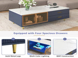 Modern Navy Blue Coffee Table with 2 Glass Door Storage, 4 Drawers, Gold Metal Legs, and Multi-Color N735P167910