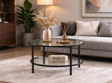 2-Tier Round Coffee Table, Glass Top, Iron Frame, 25.6"25.6"19.3", Matte Black 19047100