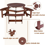 ZNTS Outdoor 6 Person Picnic Table, 6 person Round Picnic Table with 3 Built-in Benches, Umbrella Hole, 21425761