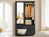 Black Wardrobe Closet with Mirror Door, 2 Doors & 2 Drawers Storage Cabinet with LED Sensor Light, 59491281