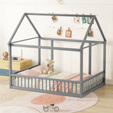 Full Size Floor Wooden Bed with House Roof Frame and Safety Guardrails ,Gray W1580P172925