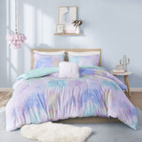 Full/Queen Watercolor Tie Dye Printed Comforter Set with Throw Pillow B03595946