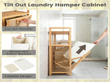 32 Inch Double Compartment Bamboo Laundry Organizer Freestanding Cabinet, Raised Guardrail Top Shelf 52897396