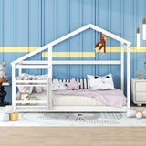 Twin Size Wooden House Bed, Twin Floor Wooden Bed with Shelf, No Box Spring , White Color, TWIN BED W69782586