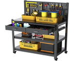Workbench with Pegboard & Drawer, Adjustable Shelving Work Table, Mobile Workstation with Lockable 02337623