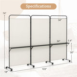 3-Panel Folding Divider with Lockable Wheels and 3 Metal Shelves White 56218480