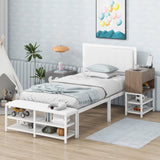 Twin size Metal Platform Bed with Two-Tier Storage Shelves, Wooden Storage Cabinet, White N737P199330K