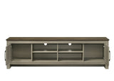 Nyla 68.5"W Gray Oak TV Stand with Shelves and Cabinet Doors B061P234543