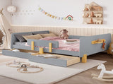 Full Size Platform Bed with Storage Drawers, Solid Wood Beds Frame with Bed Guardrail, Small Shelf, W1580P373246