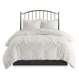 3 Piece Tufted Cotton Chenille Damask Comforter Set Off-White Full/Queen B03597087