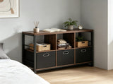 Industrial & Rustic Storage Cabinet, 3 Open Shelves & 3 Foldable Fabric Drawers Console Table, 38184093