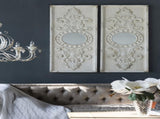 Set of 2 Large Wooden Wall Art Panels with Distressed White Finish and Round Mirror Accents,17" x W2078130284