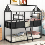 ZNTS Twin over Twin Size Metal Low Bunk Beds with Roof and Fence-shaped Guardrail, Black MF293553AAB