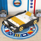 ZNTS Full Size Race Car-Shaped Platform Bed with Wheels and Storage, Black+Yellow WF305760AAB