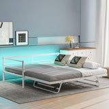 Twin Size Metal Daybed with LED and Adjustable Trundle, Pop Up Trundle, White N750P244915K