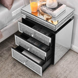 Mirrored Nightstand with 3 Drawers, Silver Nightstand with Crystal Inlay, Mirror End Table, Modern W1005P248529