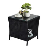 Outdoor Patio Wicker Side Table, Square End Table Bistro Coffee Table with Glass Top Storage Shelf 22548408