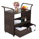 ZNTS Outdoor Patio Wicker Rattan Serving Bar Cart Sideboard On Wheels Brown Gradient 72384423