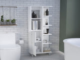 Mott 63" H Linen Bathroom Cabinet with Seven Open Shelves, One Drawer and four legs,White B097P167431