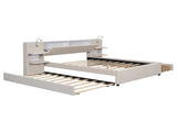 Queen Size Upholstered Platform Bed with Reading Lights, Drawers, Trundle and Shelves, Beige 57706475