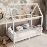 Wood Twin Size House Bed with Guardrail and LED, White N709P177522K