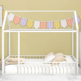 Full Size Metal Bed House Bed Frame with Fence, for Kids, Teens, Girls, Boys,White MF304787AAK