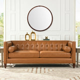 Hausen 31.5" Mid-Century Modern Round Accent Wall Mirror, Brown Walnut Wood & Veneer B2719P246002