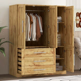 4 Door Wardrobe Armoire Closet with 3 Drawers, Natural 19066469