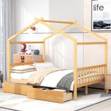 Full Size House Platform Bed with Two Drawers,Headboard and Footboard,Roof Design,Natural WF292923AAD