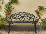 Outdoor Cast Aluminum Patio Bench, Porch Bench Chair with Curved Legs Rose Pattern, Black 50857414