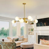 Modern 8-Light Gold Chandelier with White Glass Globe Shades, Mid-Century Branching Design, Elegant W1340P211849
