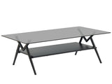 Rectangle Coffee Table with Tempered Glass top and Black MDF Shelf, Modern Table for Living Room, W241142567