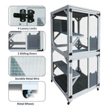 30.7" Wooden Catio Outdoor Cat Enclosure, Luxury Cat House on Wheels with Napping House, 4 Platforms W773P183374