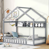 ZNTS Wooden Twin Size House Bed with Storage Shelf,Kids Bed with Fence and Roof, Gray WF323094AAE