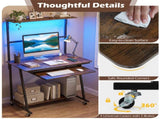 Mobile Rolling Computer Desk with RGB LED Lights & Built-in Charging Station, Multi-Tier Storage 97525178